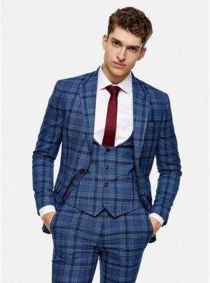 Mens Blue Check Skinny Fit Suit Waistcoat