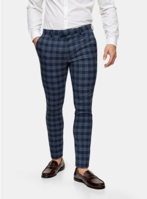 Mens Blue Check Super Skinny Fit Suit Trousers