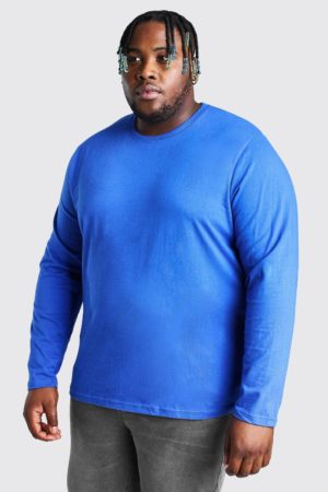 Mens Blue Plus Size Basic Long Sleeve T-Shirt loving the sales
