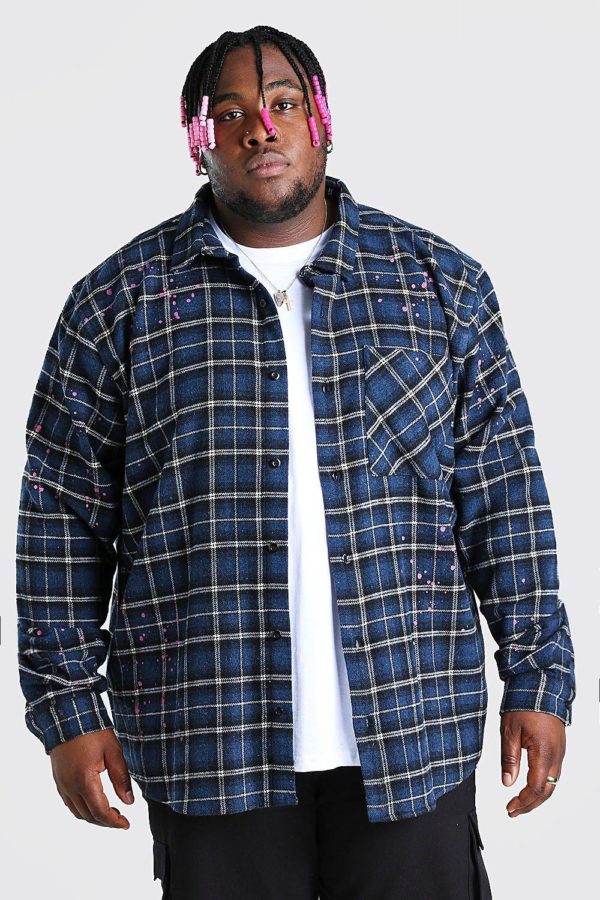 Mens Blue Plus Size Check Shirt With Paint Splatter loving the sales