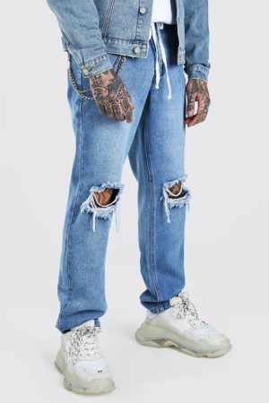 Mens Blue Relaxed Fit Back Print & Busted Knees Jeans loving the sales