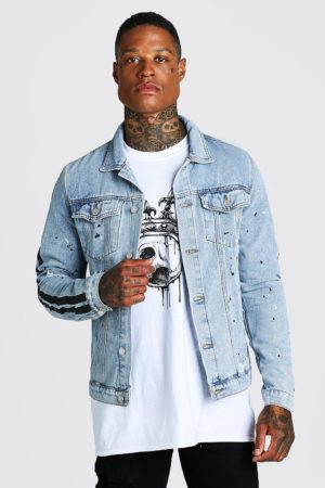 Mens Blue Rip And Repair Denim Jacket With Paint Detail loving the sales
