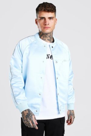 Mens Blue Satin Bomber Jacket With Chest Man Embroidery loving the sales