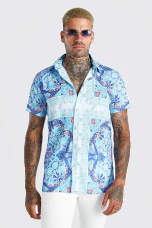 Mens Blue Short Sleeve Bright Border Print Shirt loving the sales