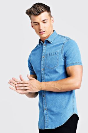 Mens Blue Short Sleeve Denim Shirt In Muscle Fit loving the sales