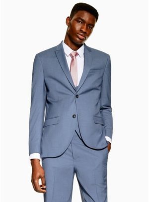 Mens Blue Single Breasted Slim Fit Suit Blazer With Peak Lapels