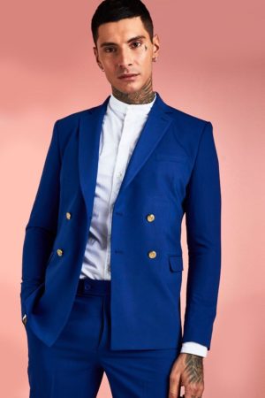 Mens Blue Skinny Double Breasted Button Detail Suit Jacket loving the sales