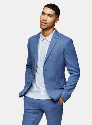 Mens Blue Skinny Fit Single Breasted Suit Blazer With Notch Lapels