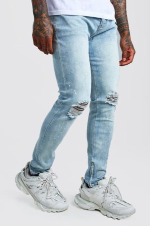 Mens Blue Skinny Jeans With Paint Splat & Zip Ankles loving the sales