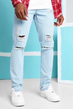 Mens Blue Skinny Rigid Split Hem Jeans With Knee Rips loving the sales