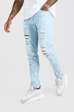 Mens Blue Skinny Ripped Jeans With Bleach Effect loving the sales