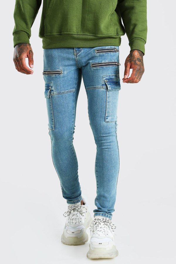 Mens Blue Super Skinny Stretch Cargo Jean With Zips loving the sales
