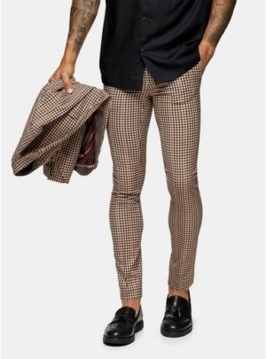 Mens Brown Gingham Check Skinny Suit Trousers