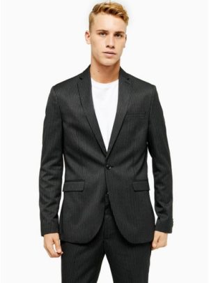 Mens Charcoal Grey Pinstripe Skinny Fit Single Breasted Suit Blazer With Notch Lapels