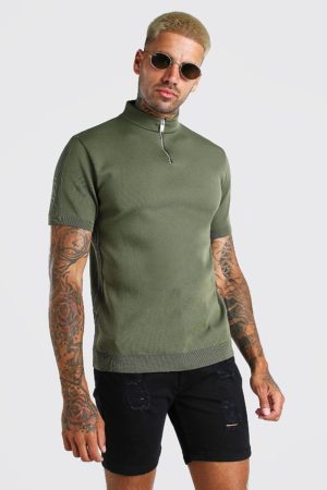 Mens Green Half Zip Ribbed Roll/Polo Neck Knitted T-Shirt loving the sales
