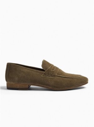 Mens Green Khaki Real Suede Loafers