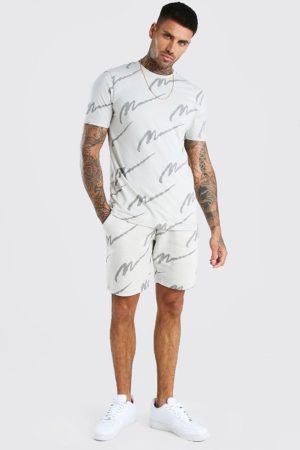 Mens Grey All Over Man Printed T-Shirt And Short Set loving the sales