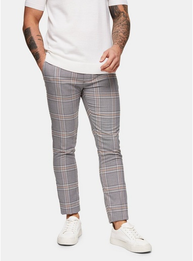 Mens Grey And Brown Houndstooth Skinny Trousers