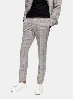 Mens Grey And Red Check Skinny Trousers