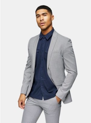 Mens Grey And White Houndstooth Skinny Fit Single Breasted Blazer With Notch Lapels
