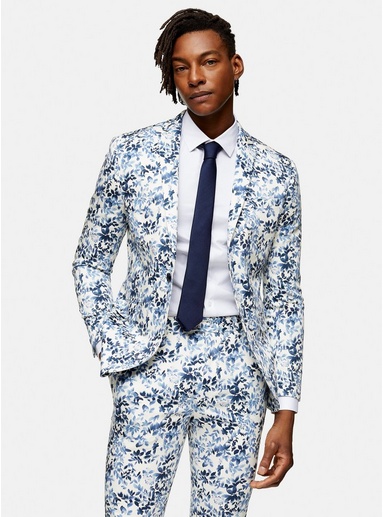 Mens Grey Blue Floral Print Skinny Fit Single Breasted Suit Blazer With Notch Lapels