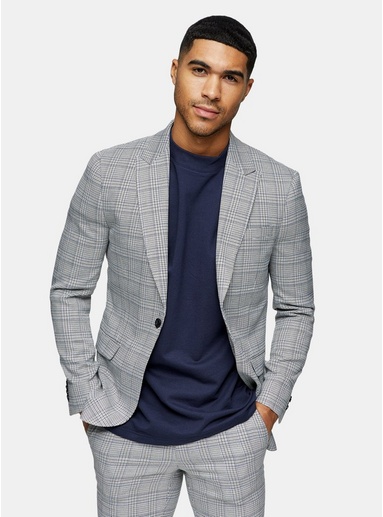Mens Grey Check Single Breasted Skinny Fit Suit Blazer With Peak Lapels