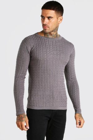 Mens Grey Muscle Fit Cable Knit Jumper loving the sales