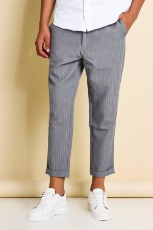 Mens Grey Pinstripe Cropped Tailored Trousers loving the sales