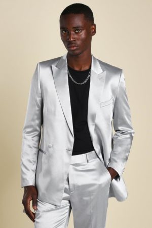 Mens Grey Skinny Plain Sateen Double Breasted Suit Jacket loving the sales