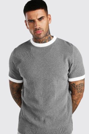 Mens Grey Textured Knitted T-Shirt With Contrast Trims loving the sales