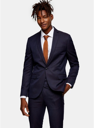 Mens Navy Check Skinny Fit Suit Blazer With Notch Lapels