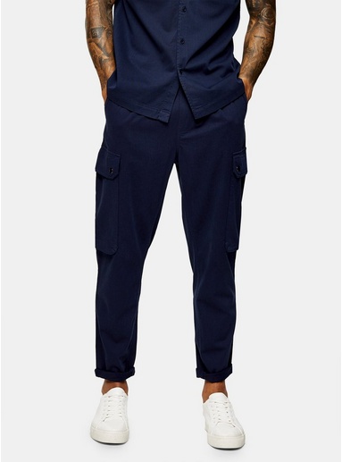 Mens Navy Organic Cotton Tapered Cargo Trousers