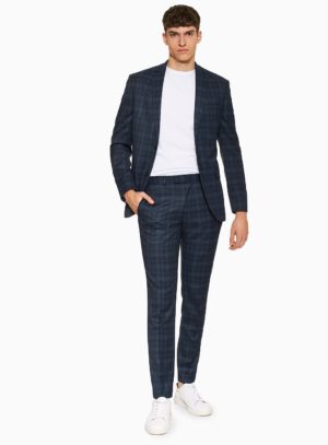 Mens Navy Skinny Fit Check Single Breasted Blazer With Notch Lapels