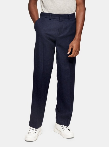 Mens Navy Wide Leg Trousers With Wool