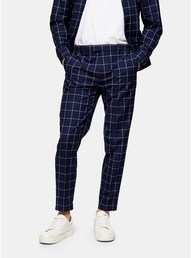 Mens Navy Windowpane Check Relaxed Trousers