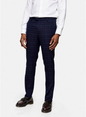 Mens Navy Windowpane Check Skinny Fit Suit Trousers