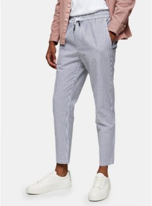 Mens Only & Sons White Seersucker Cropped Trousers