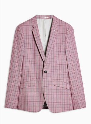Mens Pink Check Skinny Fit Single Breasted Blazer With Notch Lapels