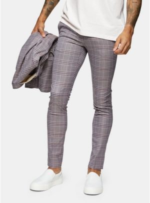 Mens Pink Lilac Check Super Skinny Fit Suit Trousers