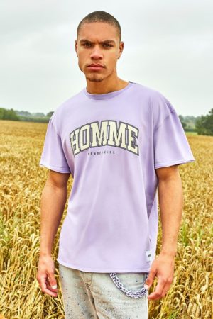 Mens Purple Oversized Varsity Raw Edge T-Shirt With Tab Detail loving the sales