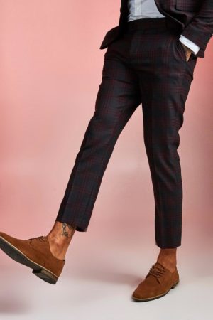 Mens Red Bold Check Skinny Fit Suit Cropped Trouser loving the sales