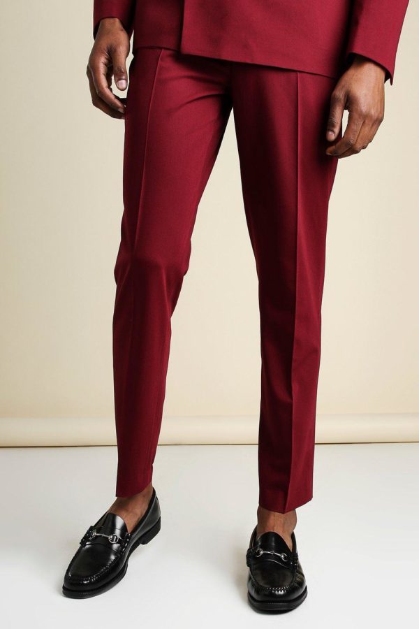 Mens Red Slim Plain Suit Trousers With Chain loving the sales