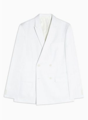 Mens White Skinny Fit Double Breasted Suit Blazer With Peak Lapels