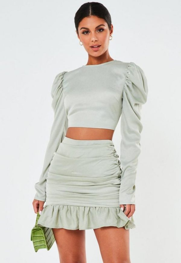 Mint Co Ord Satin Ruched Frill Mini Skirt loving the sales