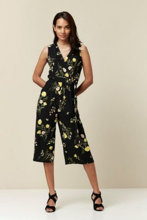 Petite Black Floral Print Culotte Jumpsuit