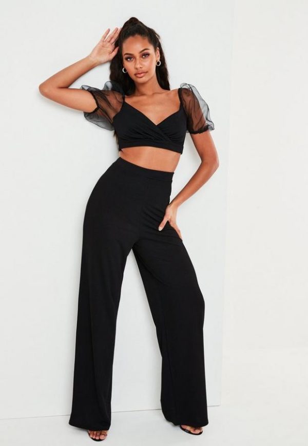 Petite Black Straight Leg Trousers Puff Sleeve Crop Top Co Ord Set loving the sales