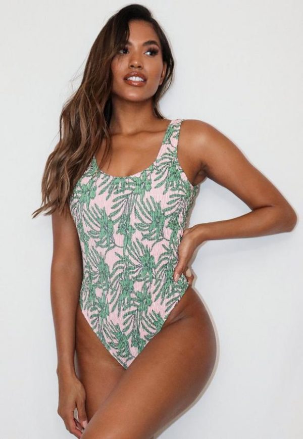 Pink Palm Print Crinkle Scoop Neck Swimsuit loving the sales