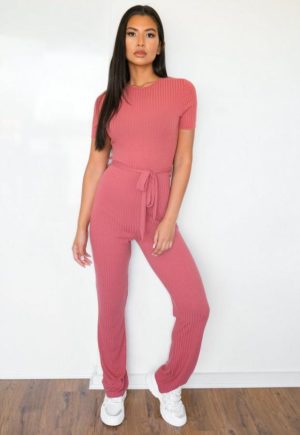 Pink Rib Belted Flared Jumpsuit loving the sales
