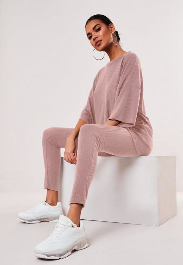 Pink Ribbed Oversized T Shirt And Leggings Co Ord Set loving the sales