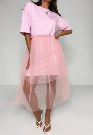 Pink Tiered Mesh T Shirt Dress loving the sales